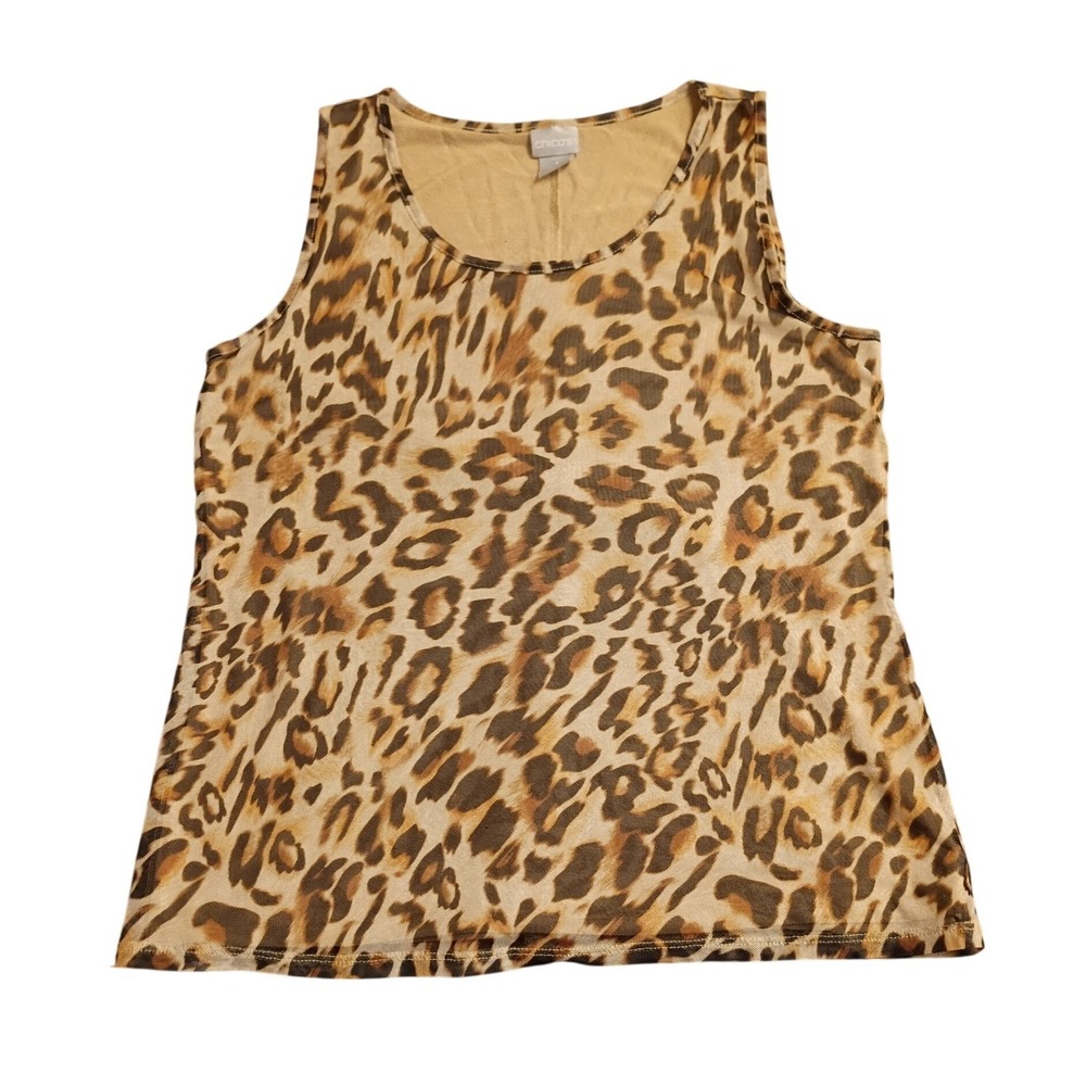 Chico's Tank Top Womens Size 1 M Brown Leopard Print Mesh Lined Scoop Neck Shell